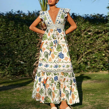 MQTIME  -  Women Summer Dress Elegant Floral Print Loose Hem Maxi Dress Spring V Neck Butterfly Sleeve Bohemian Holiday Dress Vestido Mujer